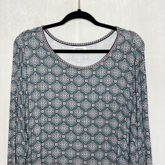 MAX STUDIO / teal blue white geometric patterned long sleeve tunic top / L - Picture 3 of 7